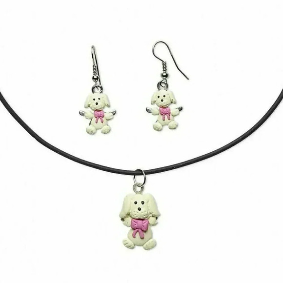 Hand Crafted Puppy Dog with Bow Fimo Polymer Clay Necklace Earrings Jewelry Set - Picture 1 of 1